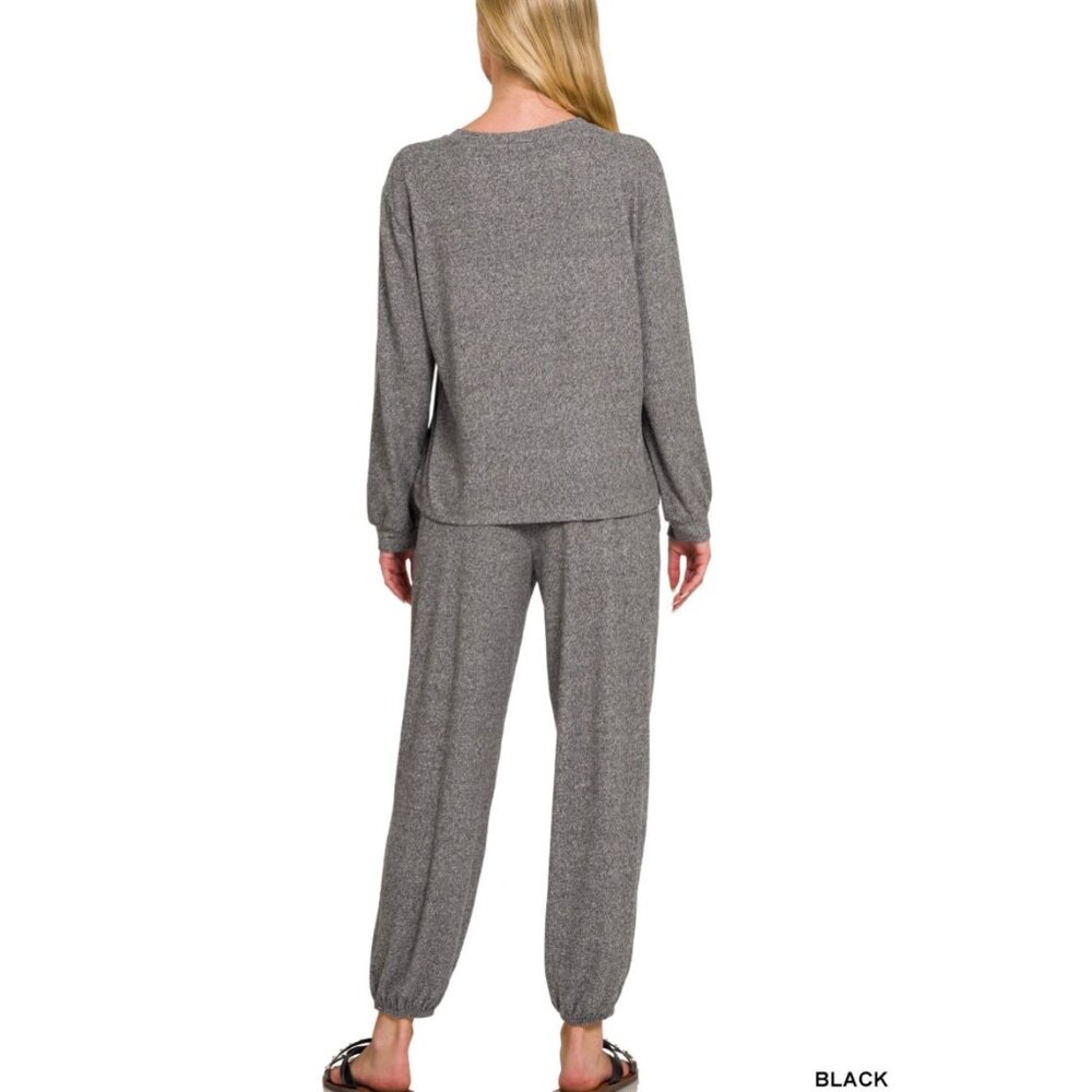 Zenana Soft Melange Hacci Long Sleeve Tee and Joggers Set NEW Black /Small - Picture 3 of 8